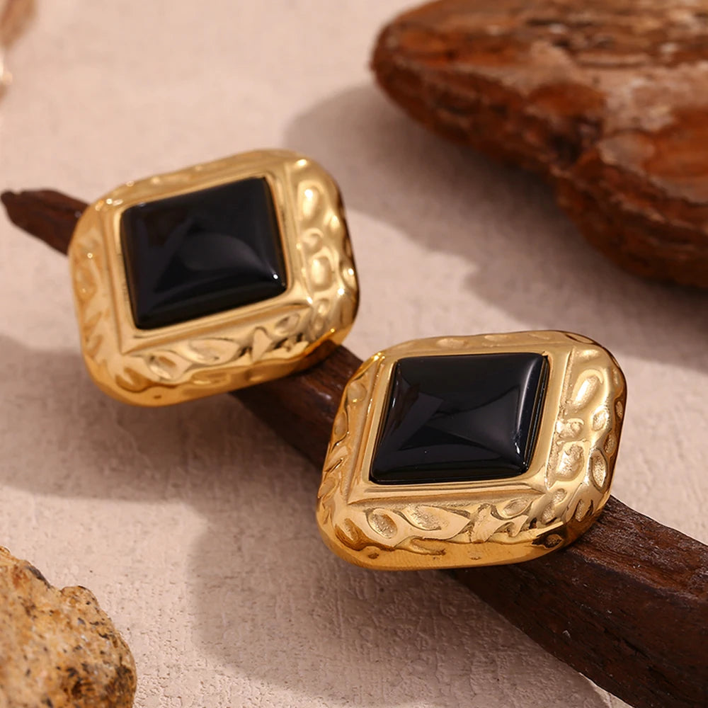 E.B.belle Hammer Pattern Square Black Acrylic Earrings 18K Gold Plated Jewelry 316L Stainless Steel Accessories