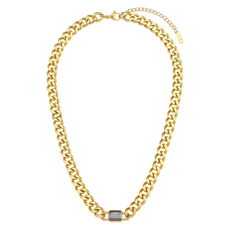 E.B.belle Square Zircon Stone Chunky Cuban Chain Necklace Fine Polished 316L Stainless Steel Statement Necklace For Women