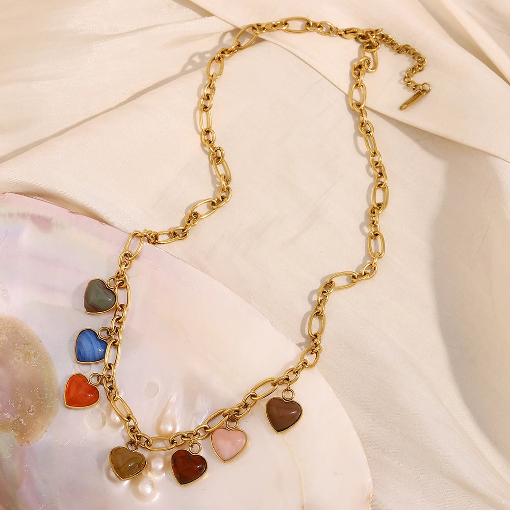 E.B.belle Exaggerated Colorful Gemstone Heart Pendants Necklace Summer Vacation PVD Plated Stainless Steel Fashion Jewelry
