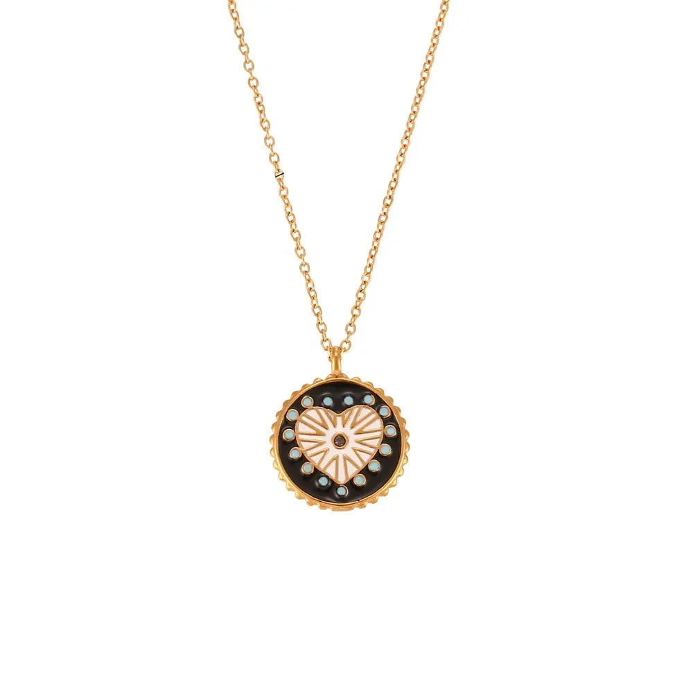 E.B.belle  Natural Stone Shiny Heart Zircon Pendant Necklace Gold Plated Stainless Steel Fashion Women Neck Jewelry
