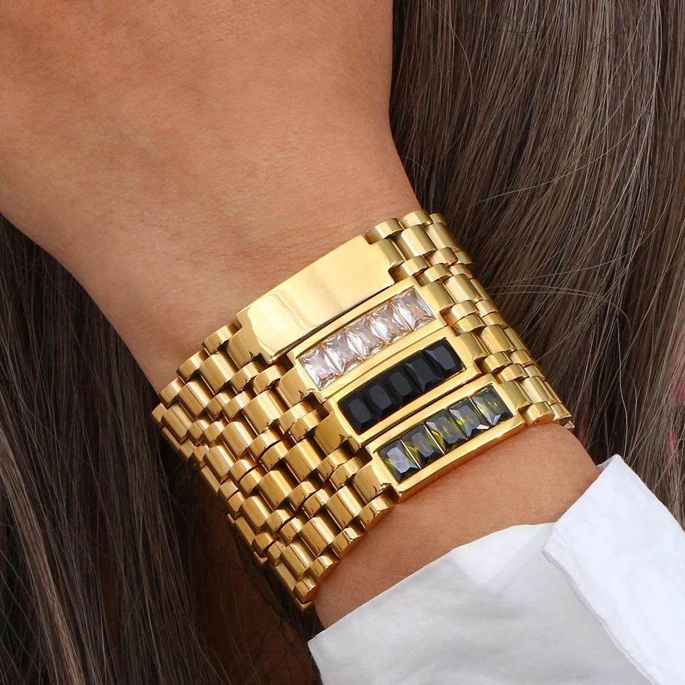 E.B.belle Oringinal Design Black White  3A Zircon Paved Watchband Wrist Bracelets For Women Stainless Steel Gold Plated Bangles