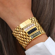 E.B.belle Oringinal Design Black White  3A Zircon Paved Watchband Wrist Bracelets For Women Stainless Steel Gold Plated Bangles