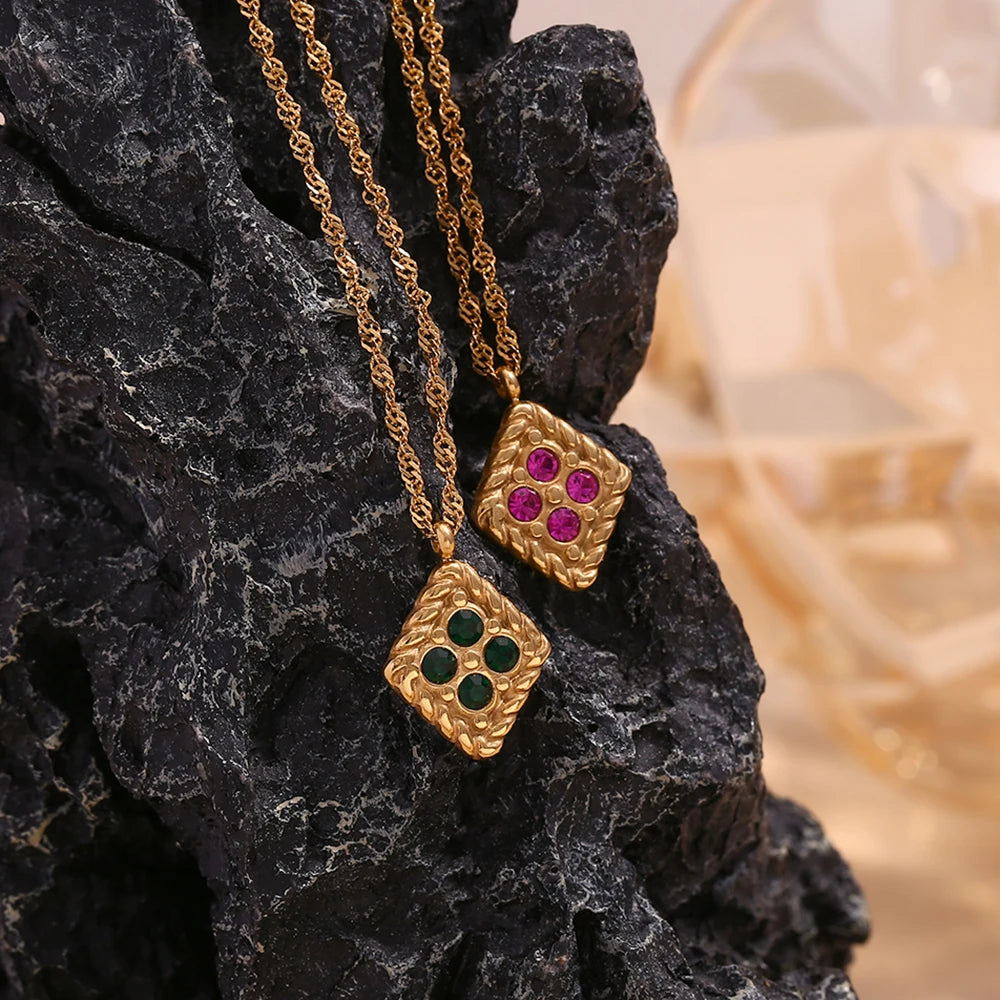 E.B.belle  Natural Stone Shiny Heart Zircon Pendant Necklace Gold Plated Stainless Steel Fashion Women Neck Jewelry
