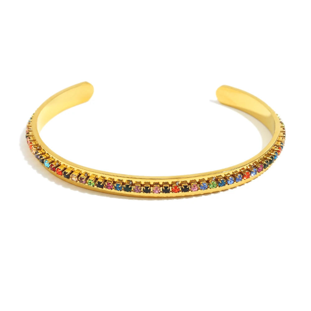 E.B.belle Fashion Waterproof Stainless Steel Shiny Colorful Turquoise Rhinestone Cuff Bracelets For Women Party Jewelry Gifts
