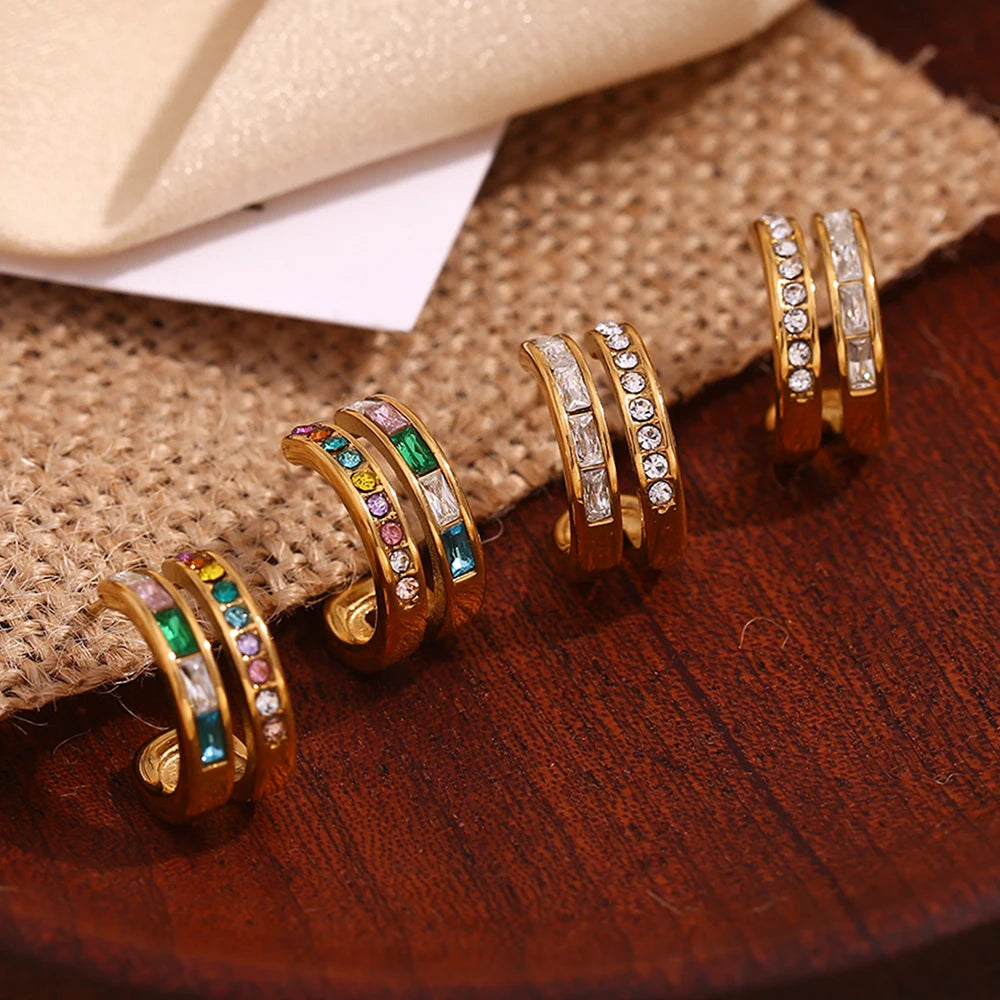 E.B.belle Double layer C-shaped Zircon Earrings 18K Gold Plated Jewelry 316L Stainless Steel Women's Earrings
