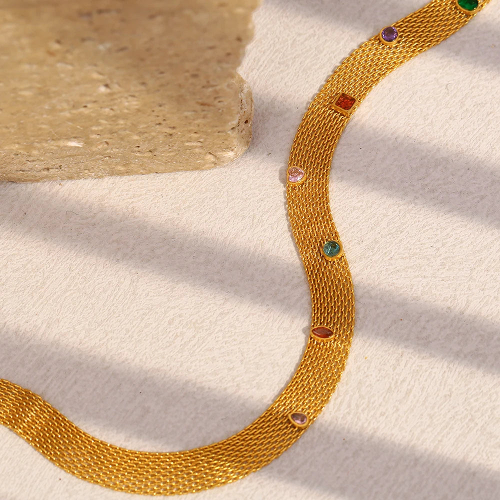 E.B.belle 18K Gold Plated New Net Colorful Zircon Choker Necklace Stainless Steel Women Party Jewelry