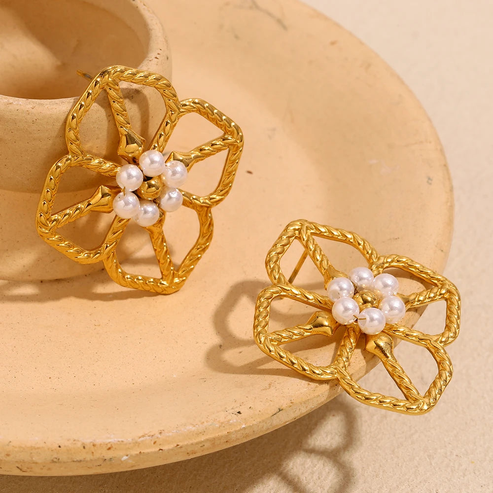 E.B.belle High Quality Stainless Steel Rhombus Shape Hollow Flower Pearl Earrings 18K Gold Plated Women Girls Statement Earring