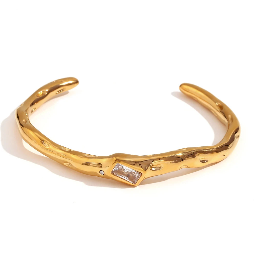 E.B.belle Irregular Opening Rectangular Zircon Bracelet 18K Gold Plated Green Color 316L Stainless Steel Women's Hand Bracelets