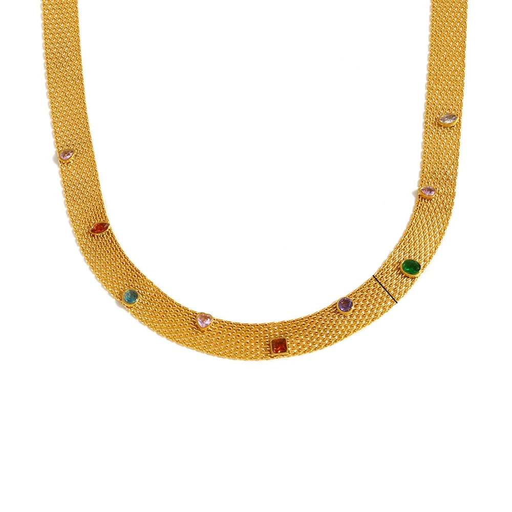 E.B.belle 18K Gold Plated New Net Colorful Zircon Choker Necklace Stainless Steel Women Party Jewelry