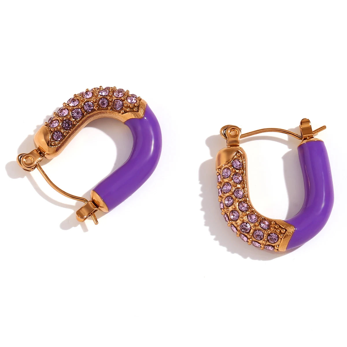 E.B.belle Purple Green White Enamel U Shaped Rhinestone Crystal Paved Y2K Hoop Earrings For Girls Female Ladies Colorful Earring