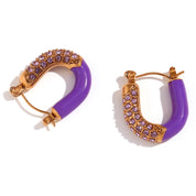 E.B.belle Purple Green White Enamel U Shaped Rhinestone Crystal Paved Y2K Hoop Earrings For Girls Female Ladies Colorful Earring