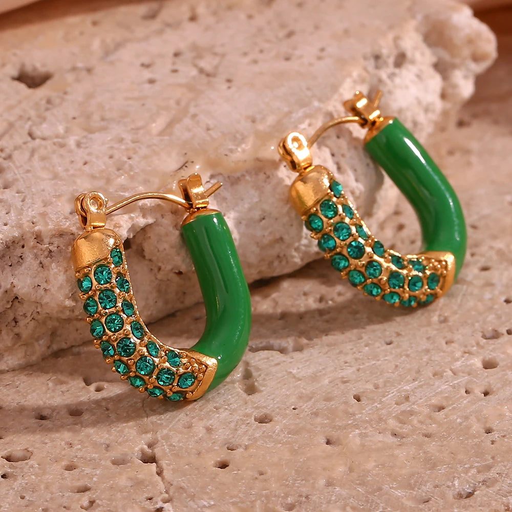 E.B.belle Purple Green White Enamel U Shaped Rhinestone Crystal Paved Y2K Hoop Earrings For Girls Female Ladies Colorful Earring