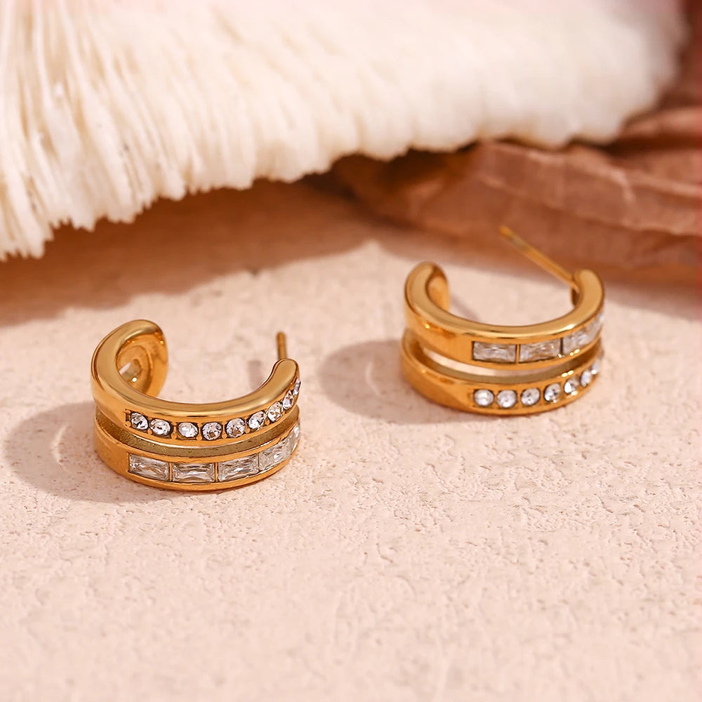 E.B.belle Double layer C-shaped Zircon Earrings 18K Gold Plated Jewelry 316L Stainless Steel Women's Earrings