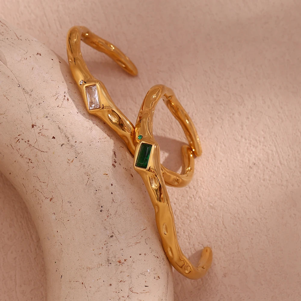 E.B.belle Irregular Opening Rectangular Zircon Bracelet 18K Gold Plated Green Color 316L Stainless Steel Women's Hand Bracelets
