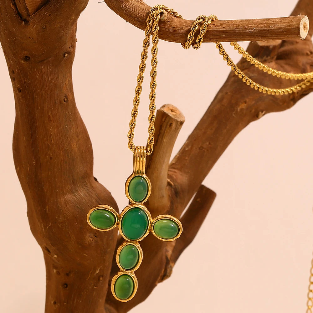 E.B.belle Green/Red Color Oval Shape Gemstone Cross Pendant Necklace Gold Plated Stainless Steel Fashion Neck Jewelry