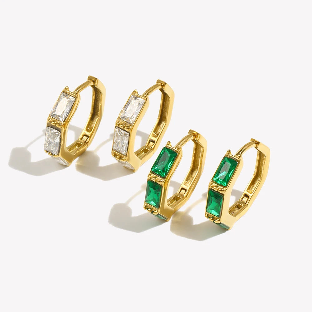E.B.belle Bamboo Cubic Zirconia Stone Green Clear Small Huggies Hoop Earring Delicate Elegant Ladies Gold Plated Zircon Hoop