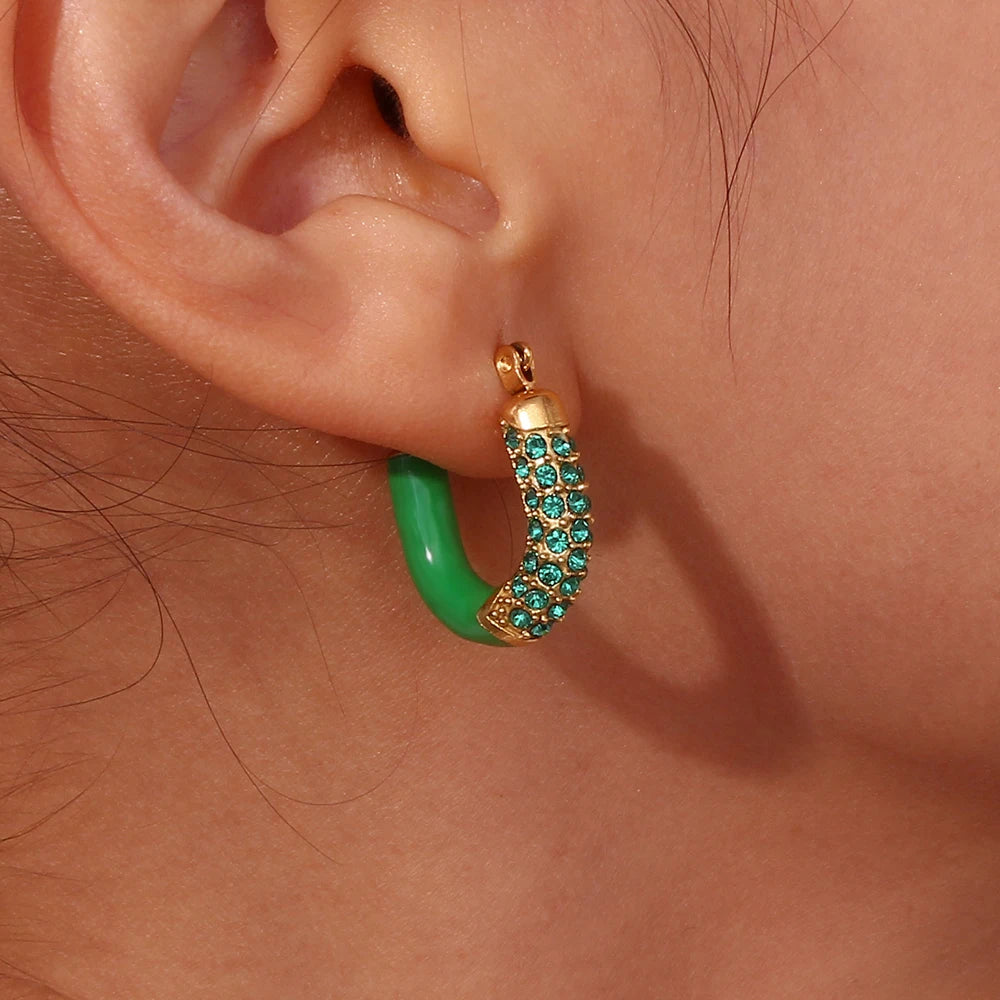 E.B.belle Purple Green White Enamel U Shaped Rhinestone Crystal Paved Y2K Hoop Earrings For Girls Female Ladies Colorful Earring