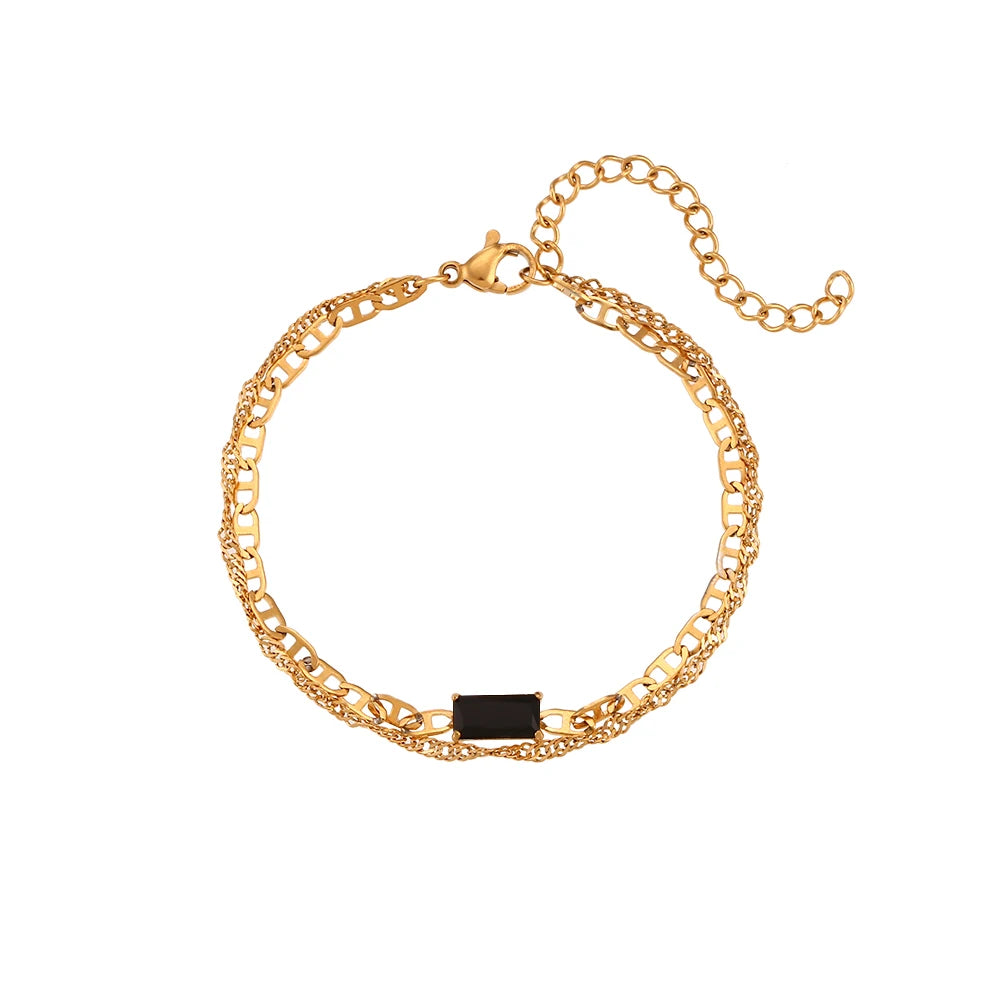 E.B.belle Double Layers Pig Nose Chain Shiny Zircon Bracelet PVD Plated Stainless Steel Women Jewelry Accessories