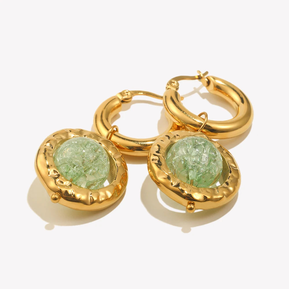 E.B.belle New Creative Green Color Round Lantern Lampwork Pendant Hoop Earring 18k Gold Plated Stainless Steel Woemn Jewelry