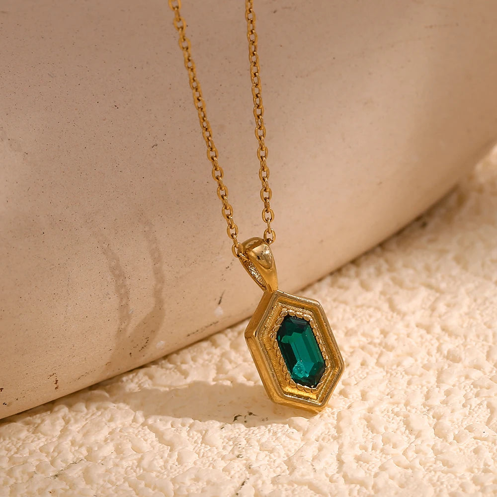 E.B.belle Hexagonal Green Rhinestone Necklace Retro Style Gold Color Women Water Resistant Jewelry 316L Stainless Steel Necklace