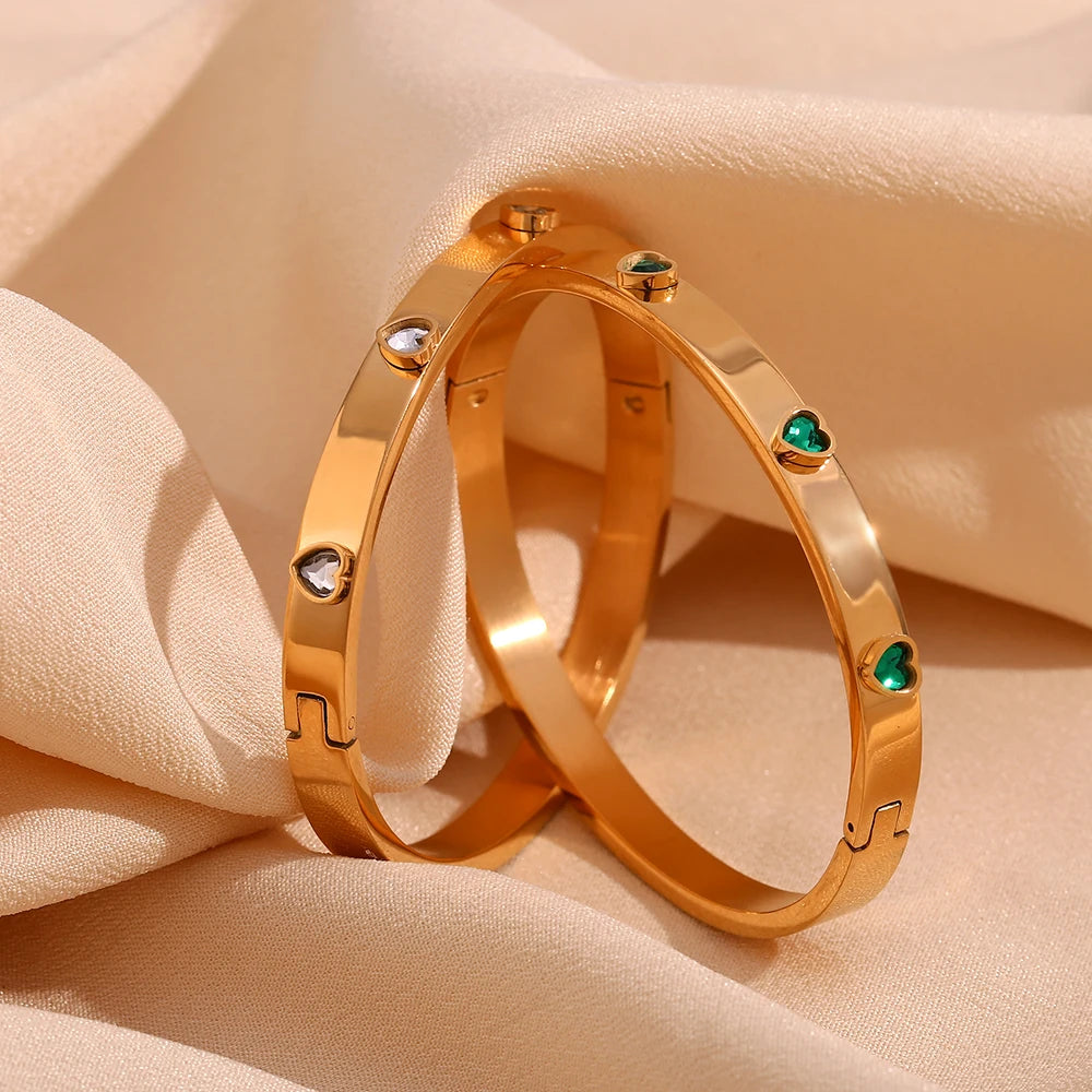 E.B.belle Heart Zircon Clasp Bracelet Hypoallergenic 18K Gold Plated Bracelet for Women 316L Stainless Steel Bangles Jewelry