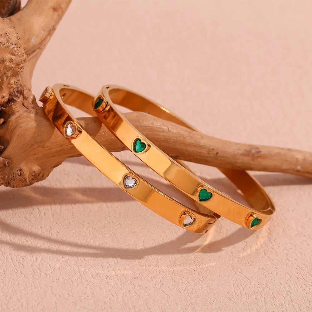 E.B.belle Heart Zircon Clasp Bracelet Hypoallergenic 18K Gold Plated Bracelet for Women 316L Stainless Steel Bangles Jewelry