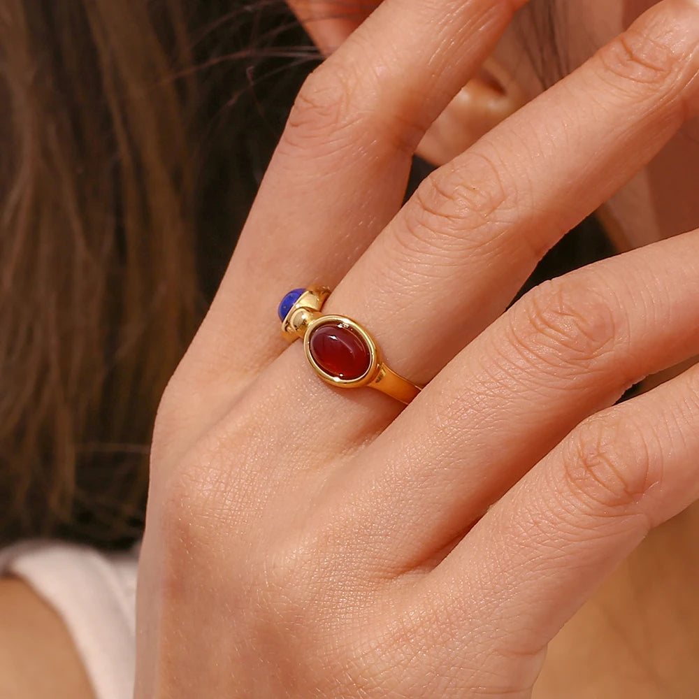 4 Colors Natural Stone Lapis Turquoise Carnelian Colorful Y2K Rings For Ladies Delicate Holiday Gold Plated Stainless Steel Ring