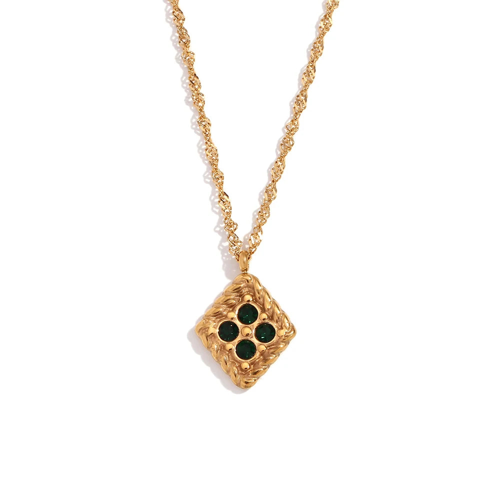 E.B.belle  Natural Stone Shiny Heart Zircon Pendant Necklace Gold Plated Stainless Steel Fashion Women Neck Jewelry