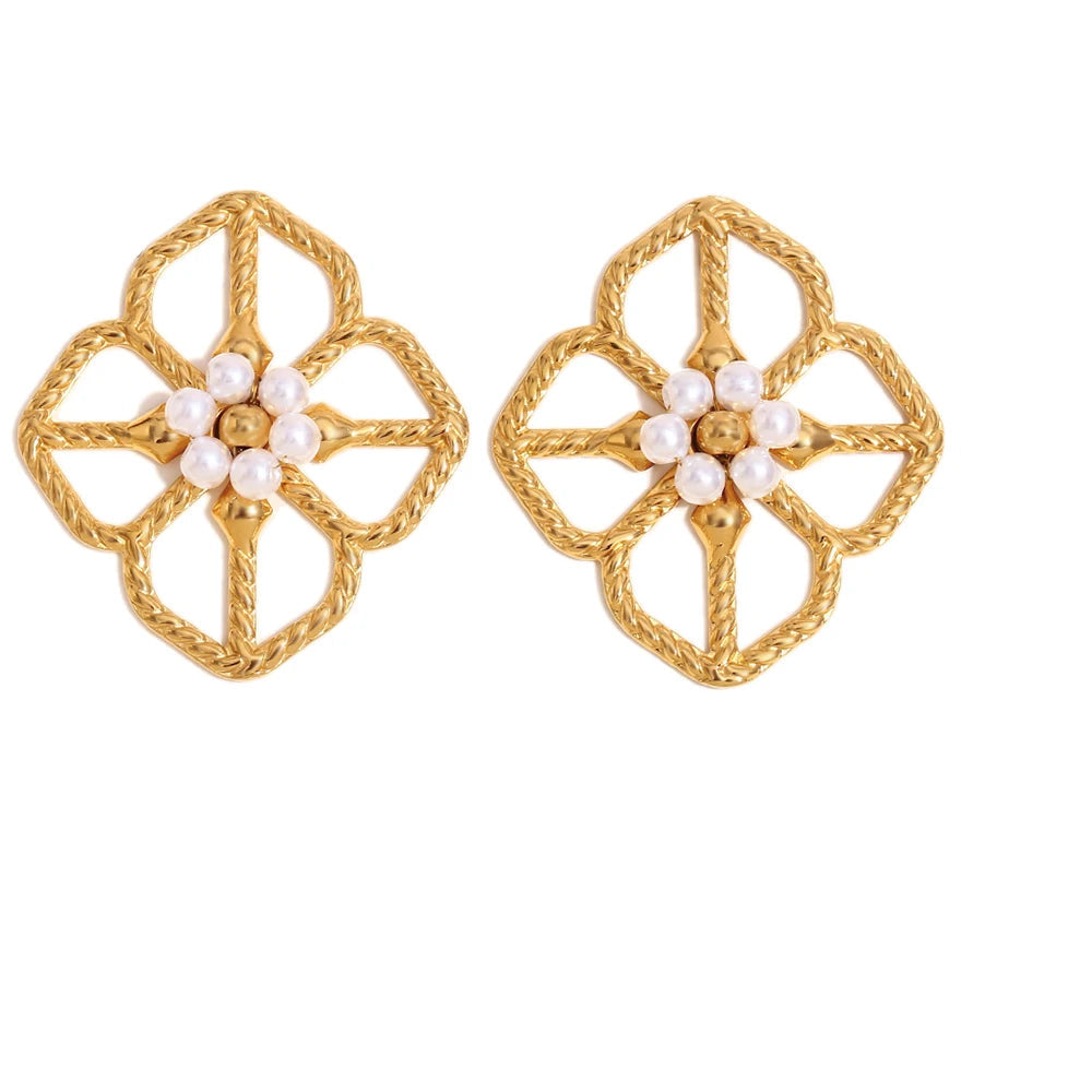 E.B.belle High Quality Stainless Steel Rhombus Shape Hollow Flower Pearl Earrings 18K Gold Plated Women Girls Statement Earring