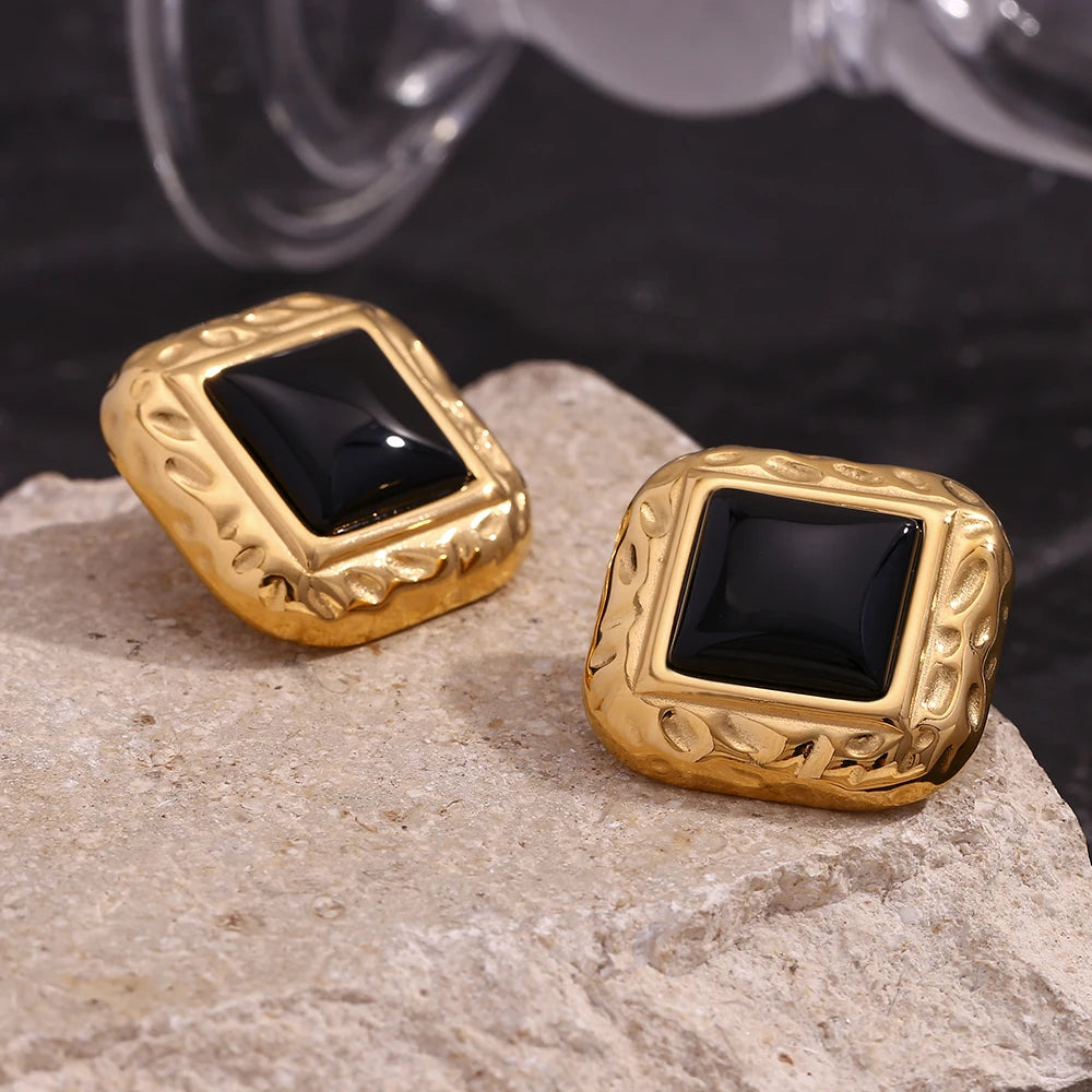 E.B.belle Hammer Pattern Square Black Acrylic Earrings 18K Gold Plated Jewelry 316L Stainless Steel Accessories
