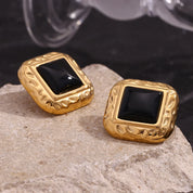 E.B.belle Hammer Pattern Square Black Acrylic Earrings 18K Gold Plated Jewelry 316L Stainless Steel Accessories