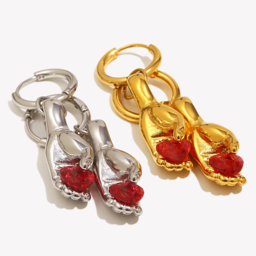 E.B.belle Creative Red Color Gemstone In Hand Hoop Earrings New Design Gold Plated Stainless Steel Women Jewelry Accessories