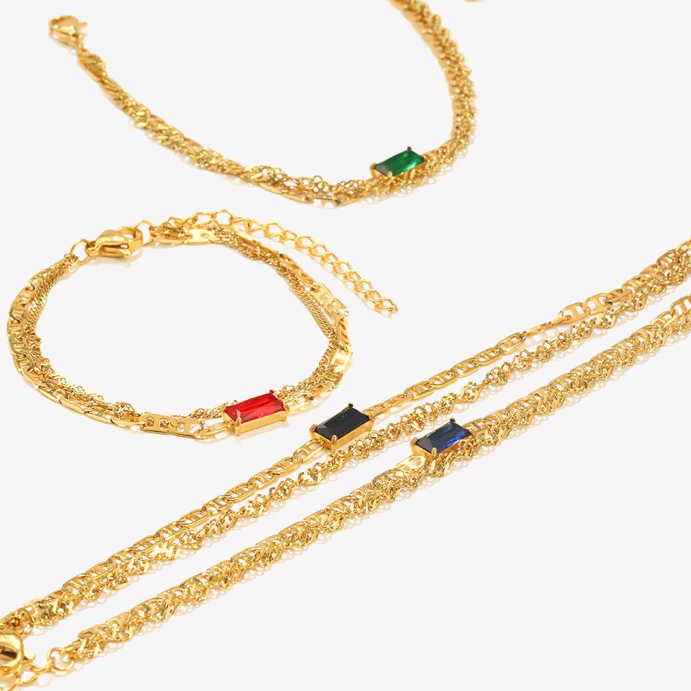 E.B.belle Double Layers Pig Nose Chain Shiny Zircon Bracelet PVD Plated Stainless Steel Women Jewelry Accessories