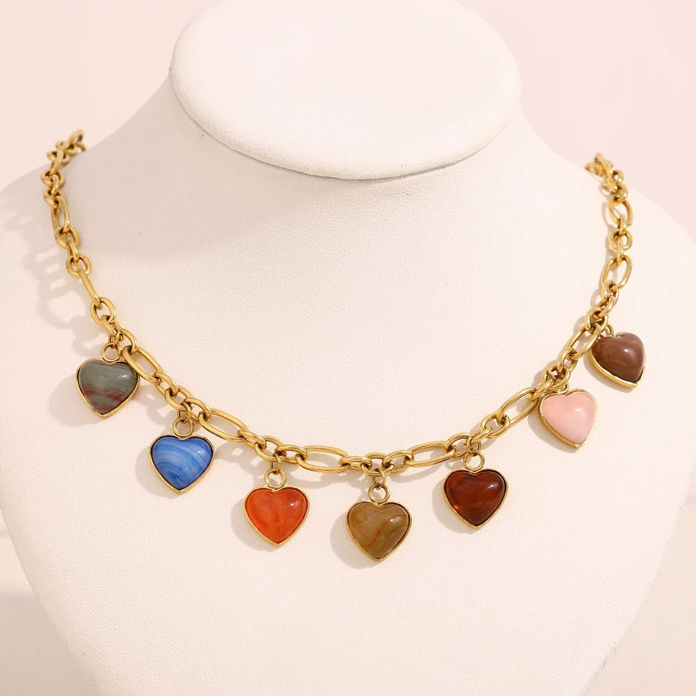 E.B.belle Exaggerated Colorful Gemstone Heart Pendants Necklace Summer Vacation PVD Plated Stainless Steel Fashion Jewelry