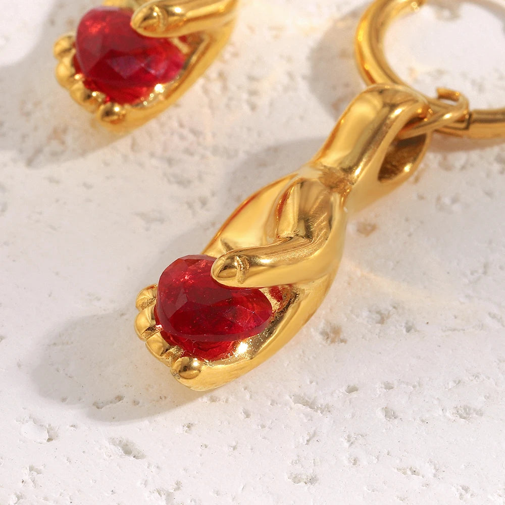E.B.belle Creative Red Color Gemstone In Hand Hoop Earrings New Design Gold Plated Stainless Steel Women Jewelry Accessories
