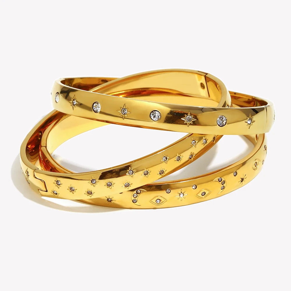 E.B.belle Minimalist Star Moon Rhinestone Bracelet 18k Gold Plated 316L Stainless Steel Water Proof Charm Women's Jewelry