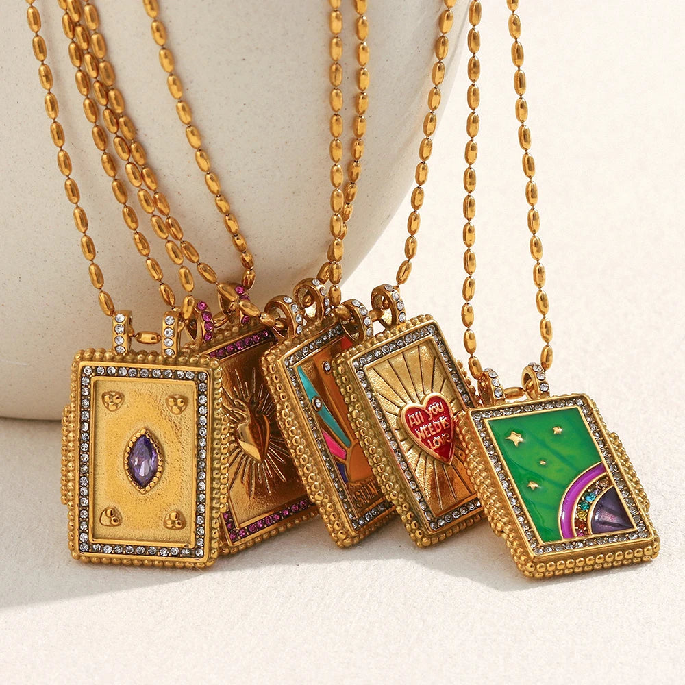 E.B.belle Colorful Enamel Square Zircon Pendant Necklace 18K Gold Plated Stainless Steel Fashion Neck Jewelry