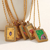 E.B.belle Colorful Enamel Square Zircon Pendant Necklace 18K Gold Plated Stainless Steel Fashion Neck Jewelry