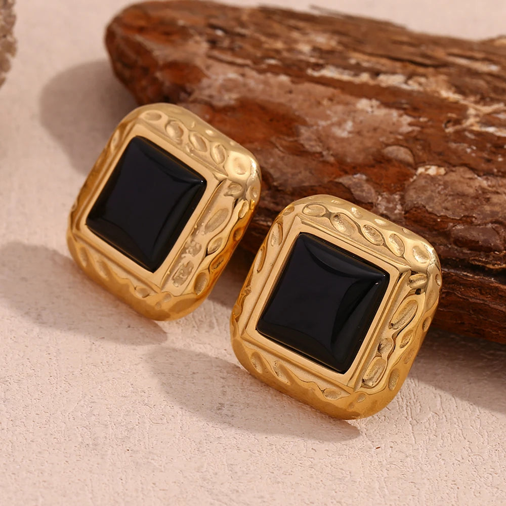 E.B.belle Hammer Pattern Square Black Acrylic Earrings 18K Gold Plated Jewelry 316L Stainless Steel Accessories