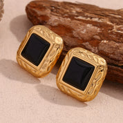 E.B.belle Hammer Pattern Square Black Acrylic Earrings 18K Gold Plated Jewelry 316L Stainless Steel Accessories