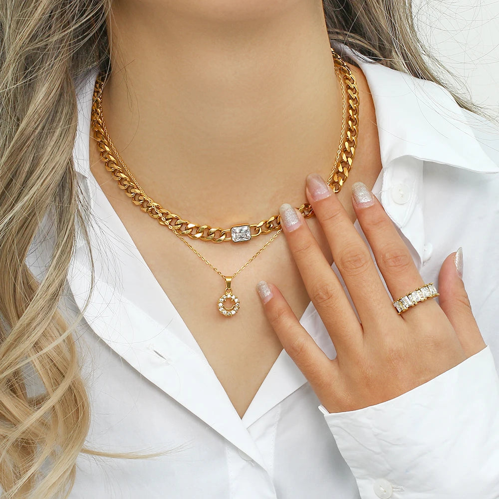 E.B.belle Square Zircon Stone Chunky Cuban Chain Necklace Fine Polished 316L Stainless Steel Statement Necklace For Women