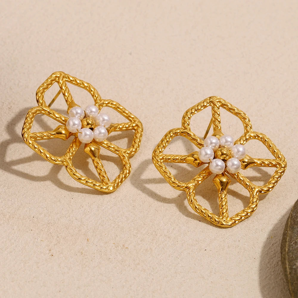 E.B.belle High Quality Stainless Steel Rhombus Shape Hollow Flower Pearl Earrings 18K Gold Plated Women Girls Statement Earring