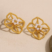 E.B.belle High Quality Stainless Steel Rhombus Shape Hollow Flower Pearl Earrings 18K Gold Plated Women Girls Statement Earring