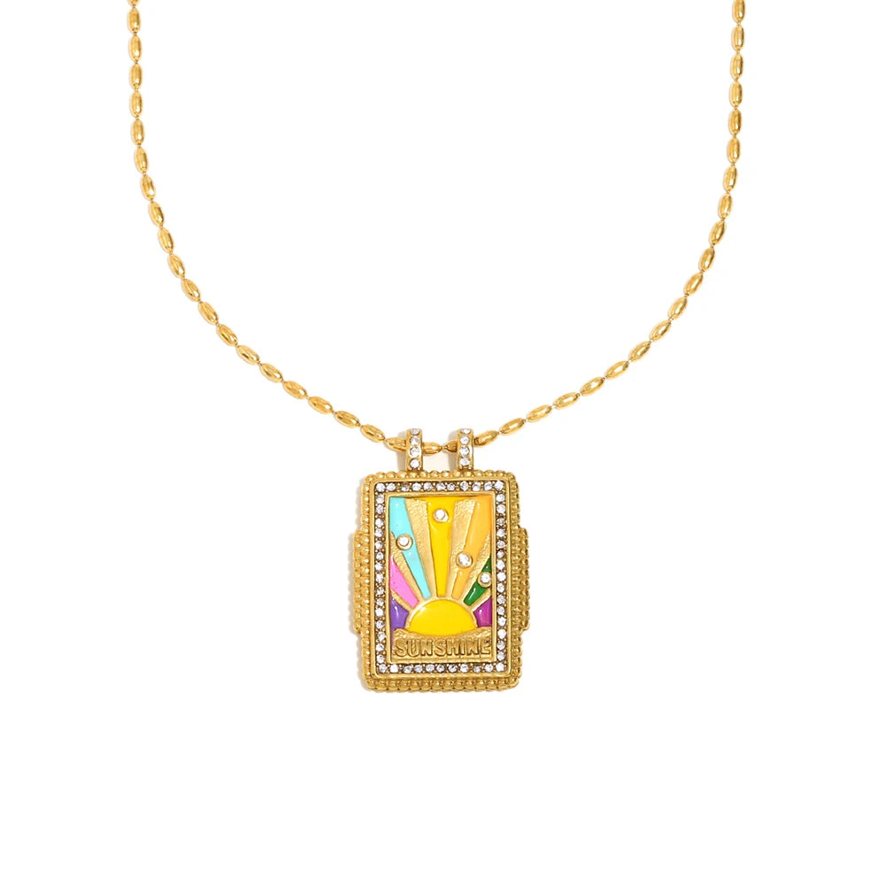 E.B.belle Colorful Enamel Square Zircon Pendant Necklace 18K Gold Plated Stainless Steel Fashion Neck Jewelry