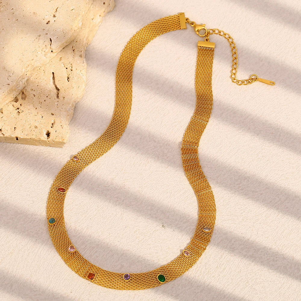 E.B.belle 18K Gold Plated New Net Colorful Zircon Choker Necklace Stainless Steel Women Party Jewelry