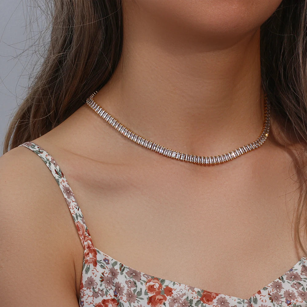 E.B.belle Luxury Christmas Jewelry Gift For Ladies Square Tennis Chain Choker Necklace Green Pink White Black Crystal Necklace