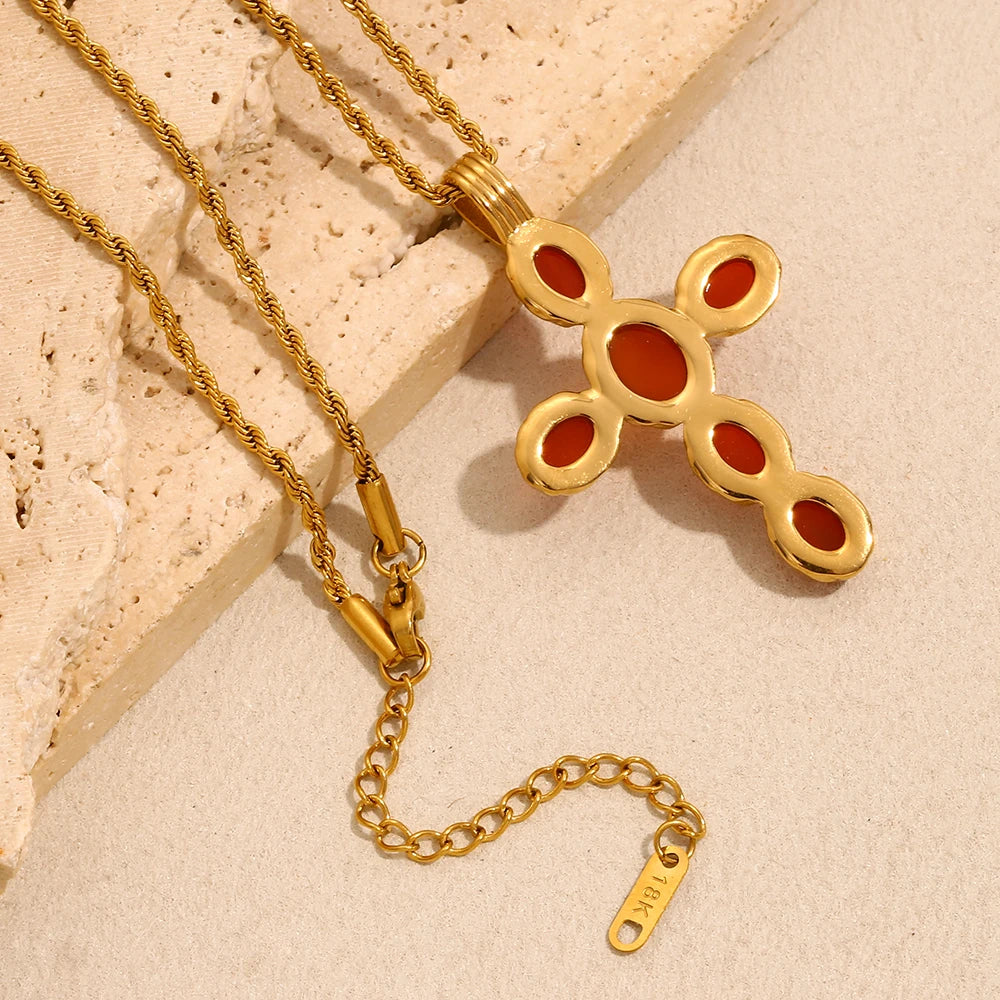 Red Color Oval Shape Gemstone Cross Pendant Necklace Gold Plated Stainless Steel Fashion Neck Jewelry