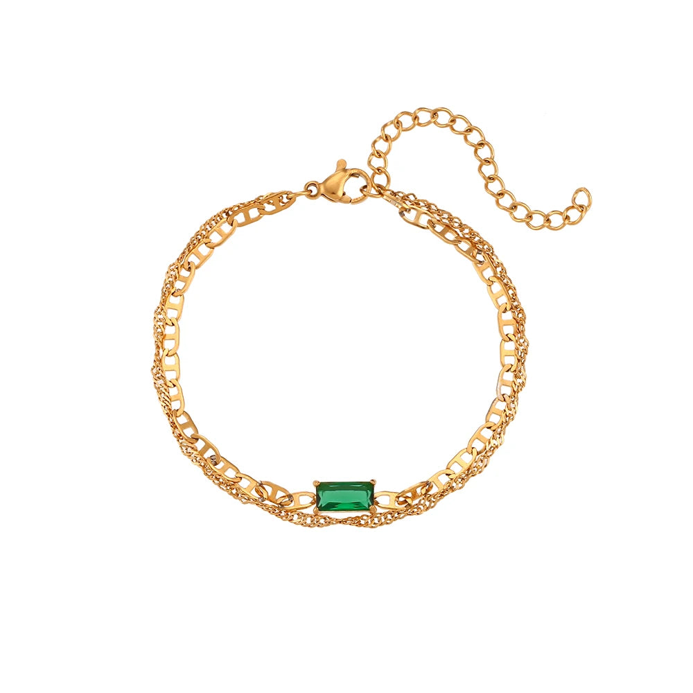 E.B.belle Double Layers Pig Nose Chain Shiny Zircon Bracelet PVD Plated Stainless Steel Women Jewelry Accessories