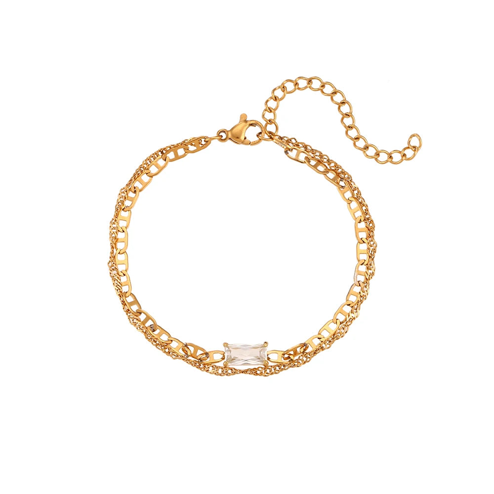 E.B.belle Double Layers Pig Nose Chain Shiny Zircon Bracelet PVD Plated Stainless Steel Women Jewelry Accessories