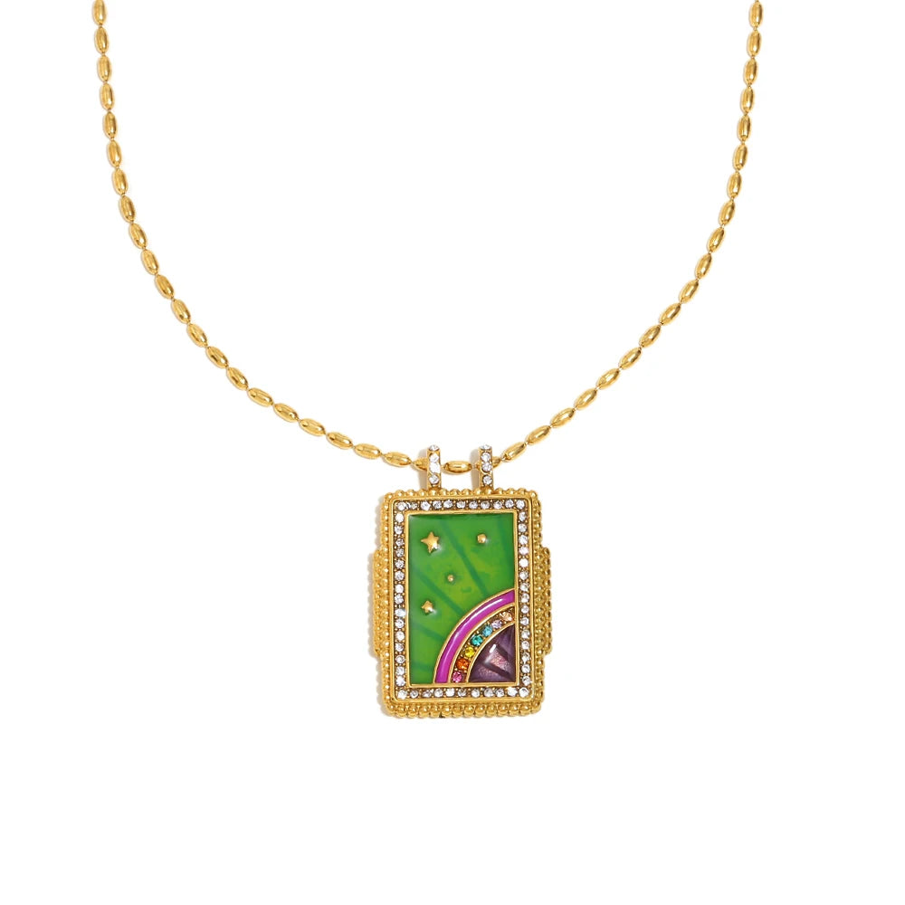 E.B.belle Colorful Enamel Square Zircon Pendant Necklace 18K Gold Plated Stainless Steel Fashion Neck Jewelry